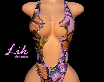 Tenues de danse exotiques, ensemble rave de danse adulte Morrigan, string transparent une pièce, imprimé papillons, Morrigan