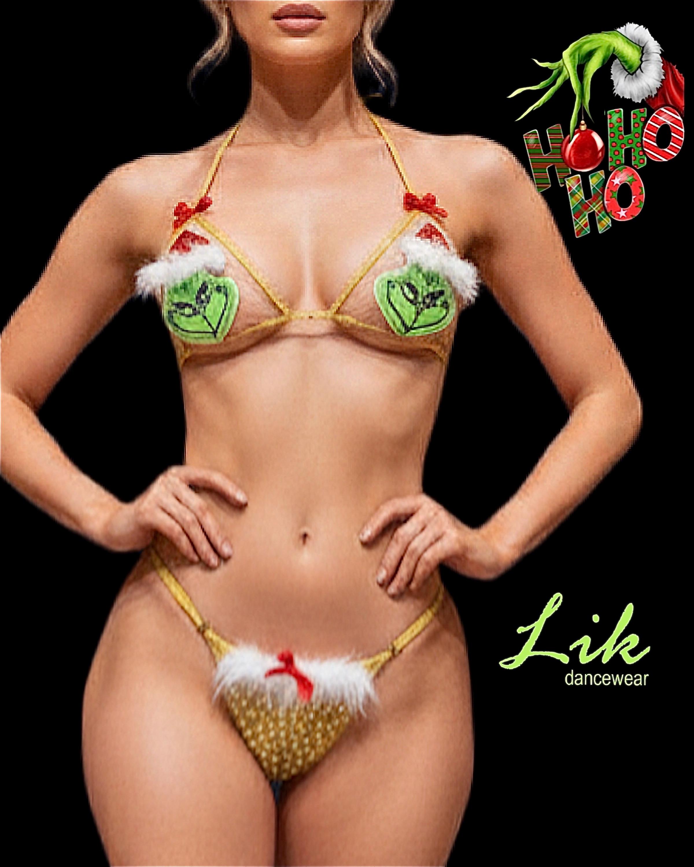 Christmas Rhinestones Bikini Adult Dancewear Grinch With Fur and Bows  Exotic Burlesque Rave EDM