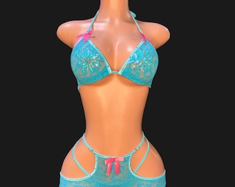 Exotic Dancewear Lace 3pc with Bow, Stripper wear, Rave wear, Concert Wear-SWEET PEA