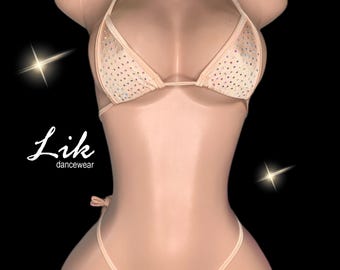 Rhinestone Micro Bikini, stripper outfit Exotic Dancewear light peach