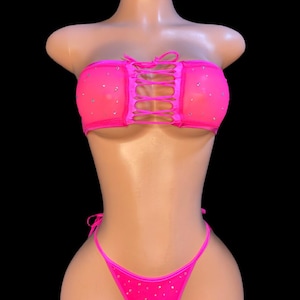 Exotic Dancewear, Stripper neon pink lace up tube and thong set: Two piece set with rhinestones thong. Rave outfit with Rhinestones Spice