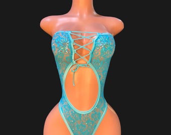 Exotic Dancewear, Stripper Turquoise Strapless lace up body stocking : one piece set embellished in rhinestones. Rave outfit, Bartender
