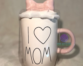 Rae Dunn I "HEART" MOM Mug With Pink Bow Topper