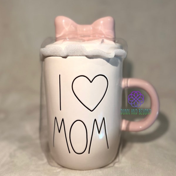 Rae Dunn I "HEART" MOM Mug With Pink Bow Topper