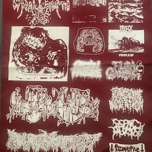 May include: A maroon fabric featuring multiple white graphic designs and text. The designs include abstract shapes, band logos, and the text "PRETTY LITTLE FLOWER", "BOB PLANT", and "infantbutchering".