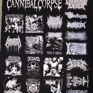 May include: Black fabric panel featuring white band logos, including "CANNIBAL CORPSE" at the top. Additional logos include "DYING FETUS", "SKINNED", and "UNDERGANG". The panel has a raw edge.