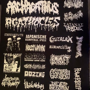 May include: Black fabric patch featuring white text of various band names in a heavy metal style. The patch includes the names "ARCHAGATHUS", "AGATHOCLES", "REGURGITATE", "JAPANISCHE KAMPFHOR SPIELE", "GUTALAX", "ANAL CUNT", and others.