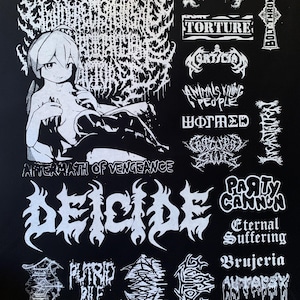 May include: Black graphic print featuring multiple band logos and an anime-style illustration. Logos include "Deicide", "Torture", and "Animals Killing People". The text "Aftermath of Vengeance" is also present.