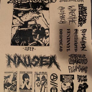 May include: A beige poster featuring black and white illustrations and text. The poster includes the band names "Sardcas", "Nausea", and "Fentanyl", along with other text and graphic elements. The overall theme is punk rock.