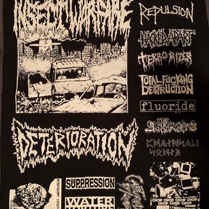 May include: Black patch featuring multiple white band logos and graphics. Includes "Insect Warfare" with a city and car graphic, "Deterioration", and other band names. Also features the text "Water Torture".