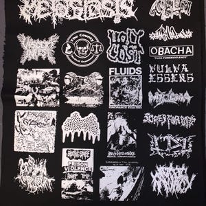 May include: Black fabric patch featuring multiple white text designs, including band logos and phrases like "Prison Violence" and "Fuck Powerviolence." The patch has a raw edge.