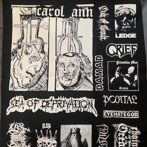 May include: Black and white patch featuring multiple band logos and artwork. Includes the text "carol ann", "SEA OF DEPRIVATION", "ILSA", "GRETA", "Thou", "LEDGE", "GRIEF", "DAMAD", "EYEHATEGOD", and "chained to the bottom".