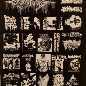 May include: Black fabric panel featuring multiple white graphic designs and text. The designs include band logos and album art, with text such as "BRUTAL PIG", "ANAL BLAST", and "TROCAR". The overall aesthetic is associated with heavy metal music.