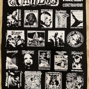 May include: Black fabric patch featuring multiple black and white illustrations and text. The patch includes band names and phrases like "Violencia Contravene", "Iron Lung", "Wound Man", and "Dropdead". The overall theme is punk rock and hardcore music.