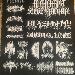 May include: Black fabric patch with white text and graphics of various metal bands, including Mayhem, Slayer, Blasphemy, and Abysmal Lord.
