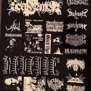 May include: Black fabric featuring multiple white logos and text associated with heavy metal bands. The logos are stylized and include band names such as "Goatpenis" and "Death Worship". The overall design is a collage of various band emblems.