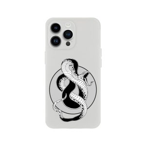 Op de afbeelding: Een witte telefoonhoes met een zwart-witte illustratie van een slang met zijn bek open. De slang is om een cirkel gewikkeld.