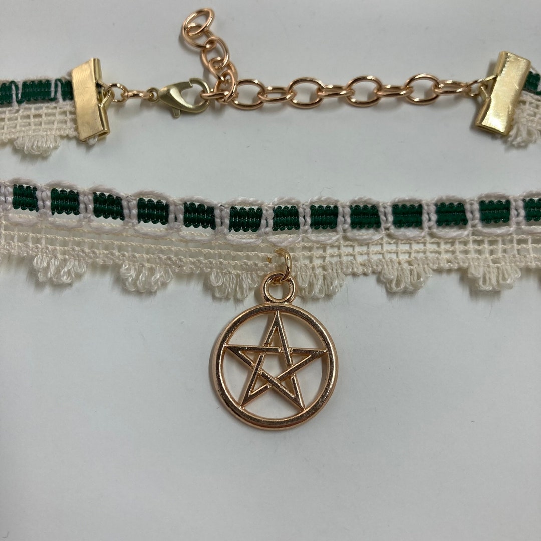 Lace Choker Necklace Pentacle Pentagram Green Offwhite Fairycore Witchy ...