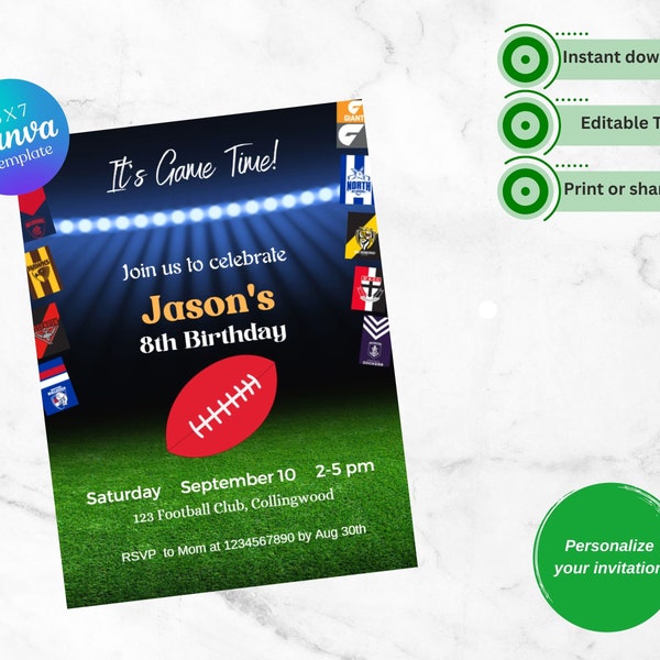 AFL Birthday Template Custom EDITABLE, PRINTABLE Digital Card, Australian Football League, Footy Sports Party Invite, Instant Download,5X7"