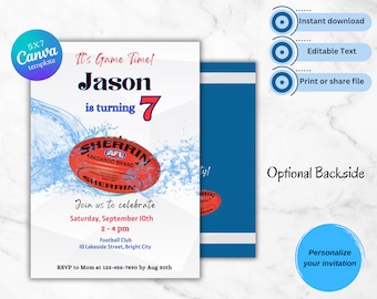 Könnte beinhalten: Eine Geburtstagseinladung für einen Jungen namens Jason, der 7 Jahre alt wird. Die Einladung zeigt einen rot-weißen australischen Fußballl mit blauen Wasserspritzern. Der Text lautet "Es ist Spielzeit! Jason wird 7. Feiert mit uns Samstag, 10. September 14:00-16:00 Uhr Football Club 10 Lakeside Street, Bright City RSVP an Mama unter 123-456-7890 bis zum 30. August"