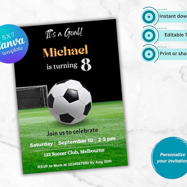 Soccer Birthday Template Custom EDITABLE, PRINTABLE Digital Card, Soccer Kid Sports Party, Football Theme, Instant Download,5X7 inches