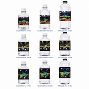 May include: Clear plastic water bottles with white caps. Each bottle has a label with a monster truck design and the text "Emory's Birthday". The bottles are available in 8oz, 12oz, and 16.9oz sizes.