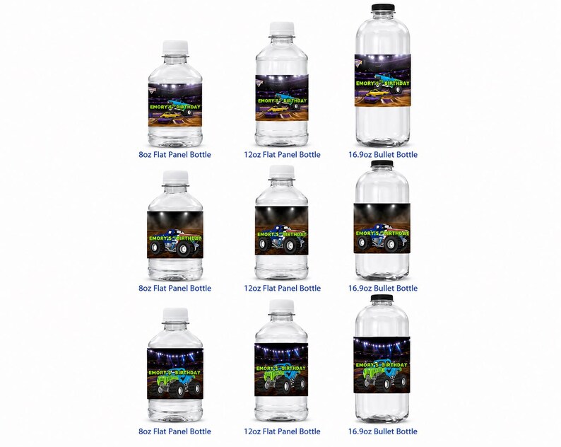 May include: Clear plastic water bottles with white caps. Each bottle has a label with a monster truck design and the text "Emory's Birthday". The bottles are available in 8oz, 12oz, and 16.9oz sizes.