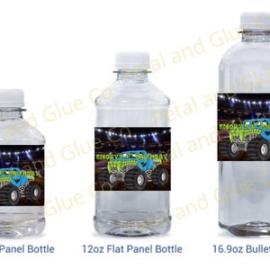 May include: Clear plastic water bottles with white caps. Each bottle has a label featuring a blue and green monster truck design with the text "Emory's Birthday". The bottles are labeled as 8oz, 12oz, and 16.9oz.