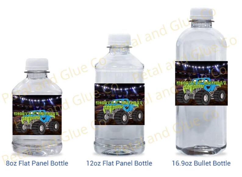 May include: Clear plastic water bottles with white caps. Each bottle has a label featuring a blue and green monster truck design with the text "Emory's Birthday". The bottles are labeled as 8oz, 12oz, and 16.9oz.
