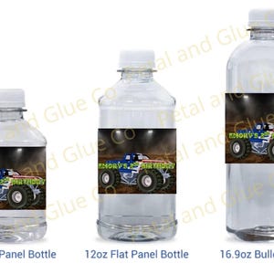 May include: Clear plastic water bottles with white caps. Each bottle has a label featuring a blue, white, and red monster truck with the text "Emory's 2nd Birthday". The bottles are labeled as 8oz, 12oz, and 16.9oz.