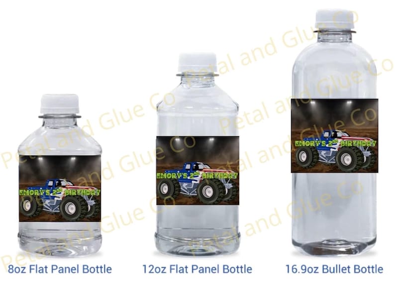 May include: Clear plastic water bottles with white caps. Each bottle has a label featuring a blue, white, and red monster truck with the text "Emory's 2nd Birthday". The bottles are labeled as 8oz, 12oz, and 16.9oz.