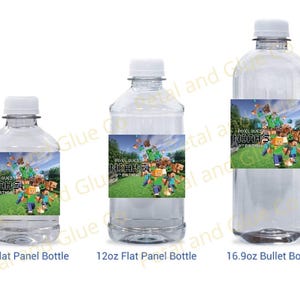 May include: Three clear plastic water bottles with white caps and custom labels featuring pixelated characters and the text Pixel Quest Noah's 9th Birthday. The bottles are labeled as an 8oz flat panel bottle, a 12oz flat panel bottle, and a 16.9oz bullet bottle.