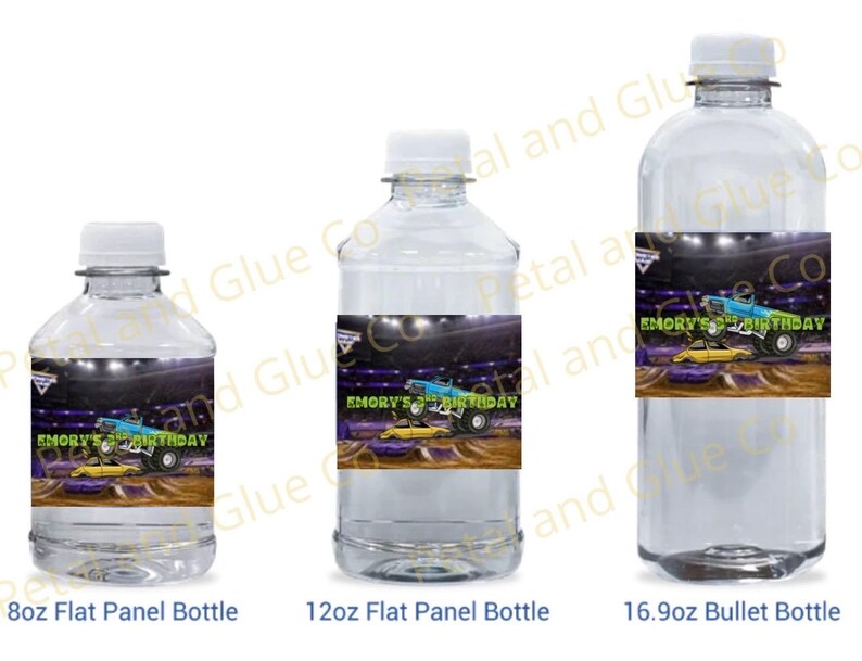 May include: Three clear plastic water bottles of varying sizes, each with a label featuring a monster truck design and the text "Emory's Birthday." The bottles are labeled as 8oz, 12oz, and 16.9oz.