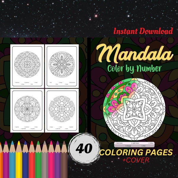 Mandala kleurenpagina's, kleuren op nummer activiteitenboek, digitaal mandala kleurboek, mandala patroon fantasie kleuren