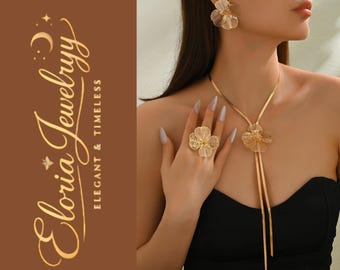 Gold Flower Jewelry Set,Necklace Earrings Ring Set, Floral Jewelry Set,Statement Jewelry,Elegant Matching Set,Gift for Her,Bridal Jewelry
