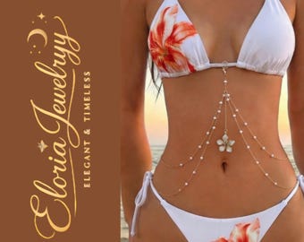 Cadena de Cintura con Perlas y Flor, Joyería Playa Mujer, Body Chain Bikini, Joyería Verano, Estilo Boho, Accesorio Festival
