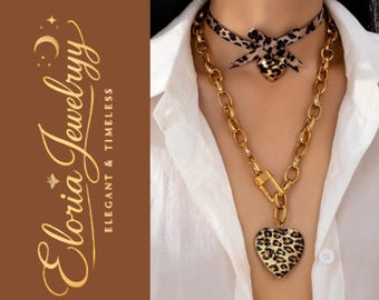 Collar corazón leopardo cadena gruesa cierre joyería statement