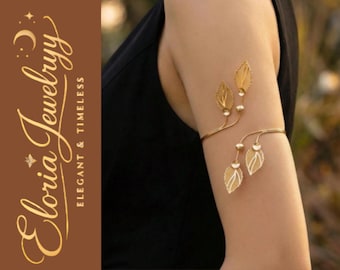 Gouden bladarmband, bovenarmarmband, boho armband, verstelbare armband, natuurlijke sieraden, cadeau voor haar, festivalsieraden