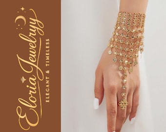 Gold Coin Hand Chain Bracelet Boho Statement Jewelry