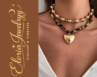 Leopard Herz Halskette Gold Layered Choker Statement Schmuck