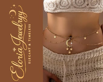 May include: Gold-toned body chain featuring a crescent moon and star charms. The chain is worn around the waist and has a delicate design. The image also includes the text "Eloria Jewelryy Elegant & Timeless" in a gold script font.