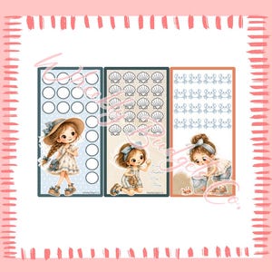 May include: Three vertical rectangular sticker sheets featuring illustrations of children in summer outfits. The first sheet has blue circles, the second has seashell icons, and the third has crab icons. Each sheet includes a character illustration.