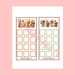 May include: Printable budget tracker with two columns, each with a different seasonal theme. The left column features a fall theme with a brown border and a cartoon image of a bear and other animals. The right column features a winter theme with a green border and a cartoon image of a snowman and other winter characters. Both columns have the text "Weekly Budgets Co."