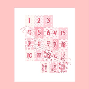 May include: A pink and white collage featuring numbered squares with various patterns, including hearts, bows, and floral designs. The text "your choice" is repeated on several squares. The numbers 1 through 18 are visible.