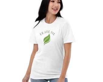 May include: White t-shirt with a green leaf design and the text "EC.LECTIC" printed on the front.