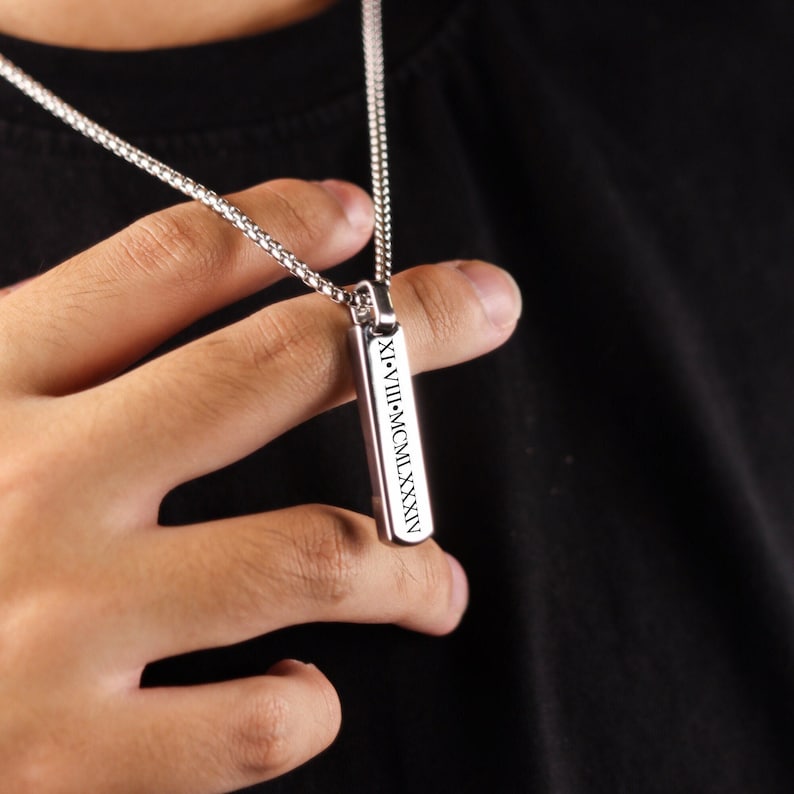 Mens Personalized Custom Engraved Bar Pendant Necklace For Men