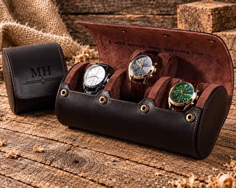 Personalized Genuine Leather Watch Box - Custom Engraved Travel Case for 1-3 Watches, Watch Organizer, Father's Day, Groomsmen Gift for Him
