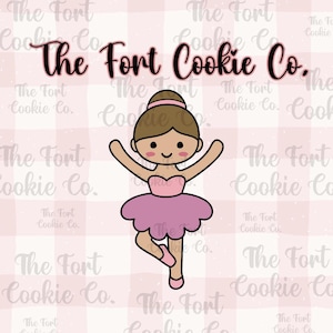 May include: A cartoon illustration of a ballerina in a pink tutu and ballet shoes, with arms raised. The image includes the text "The Fort Cookie Co." in a cursive font, set against a pink gingham background.