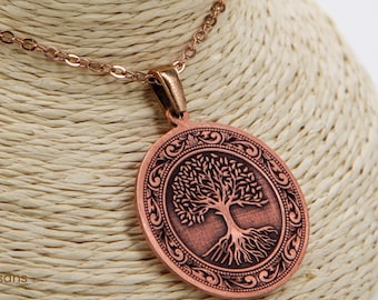 Tree of Life Pure Copper Pendant Necklace — Hand-Engraved Round Medallion with Chain, Gift-Boxed
