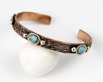 Pure Copper Bracelet with Triple Turquoise Natural Stone — Hand-Crafted Adjustable, Gift-Boxed
